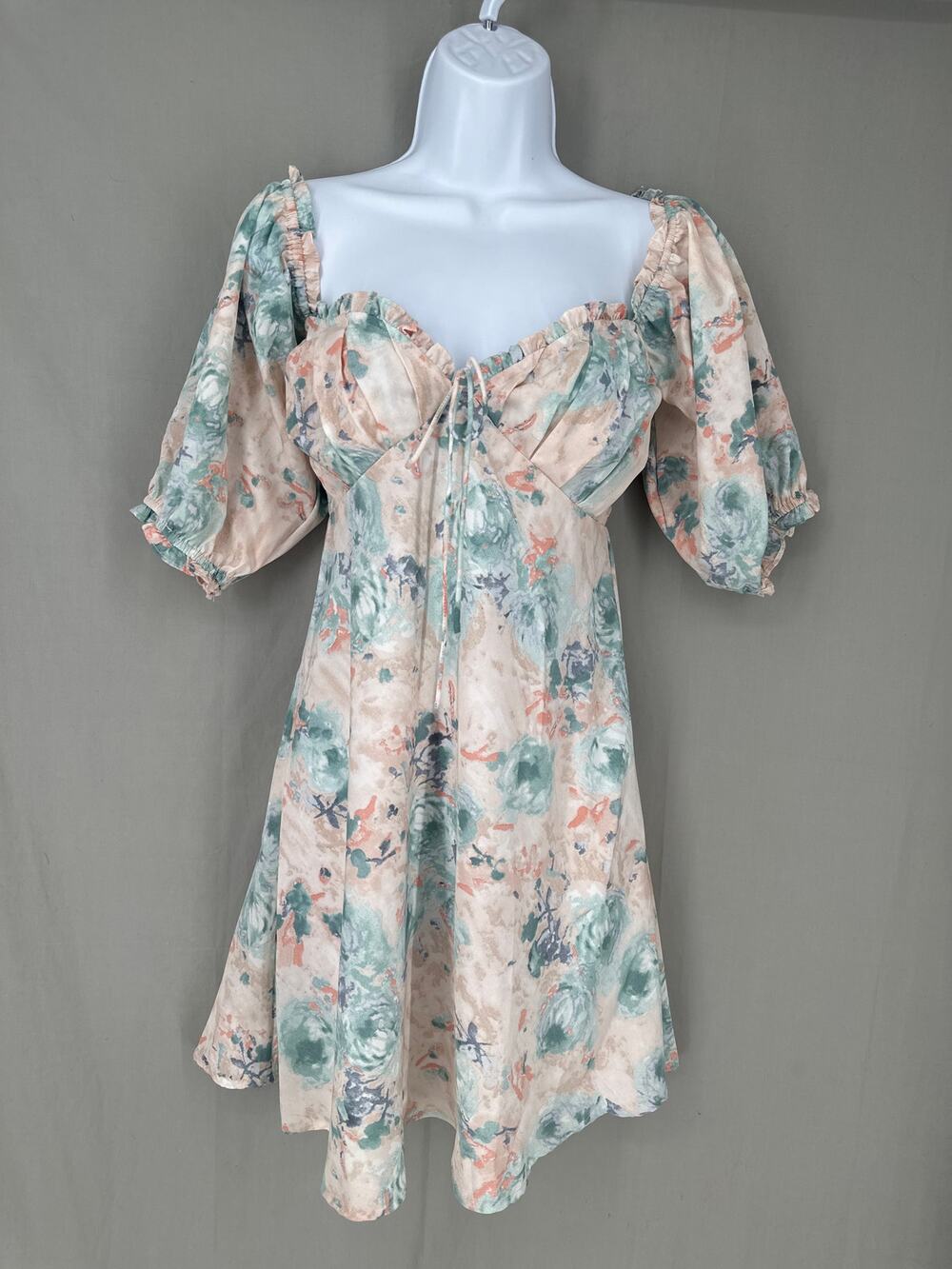 Grade Gather Dress Medium Blue Floral Mini Sweetheart Babydoll Pastel Cottage